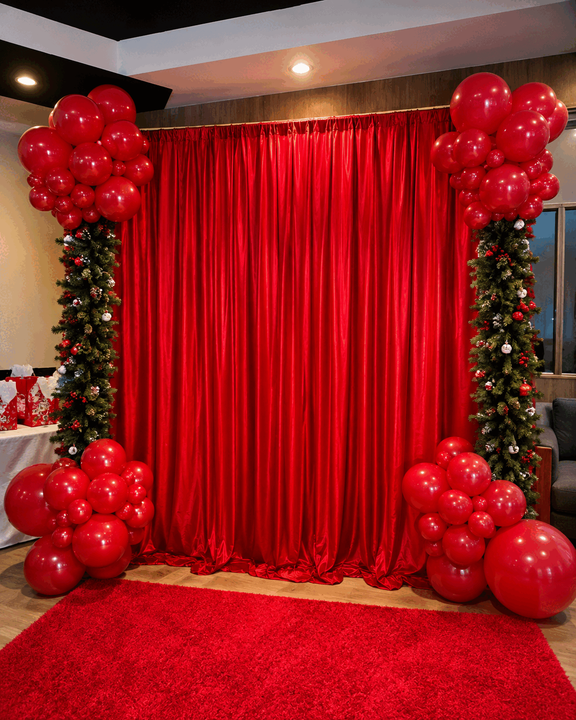 Red Christmas balloon columns with garland and a red velvet backdrop