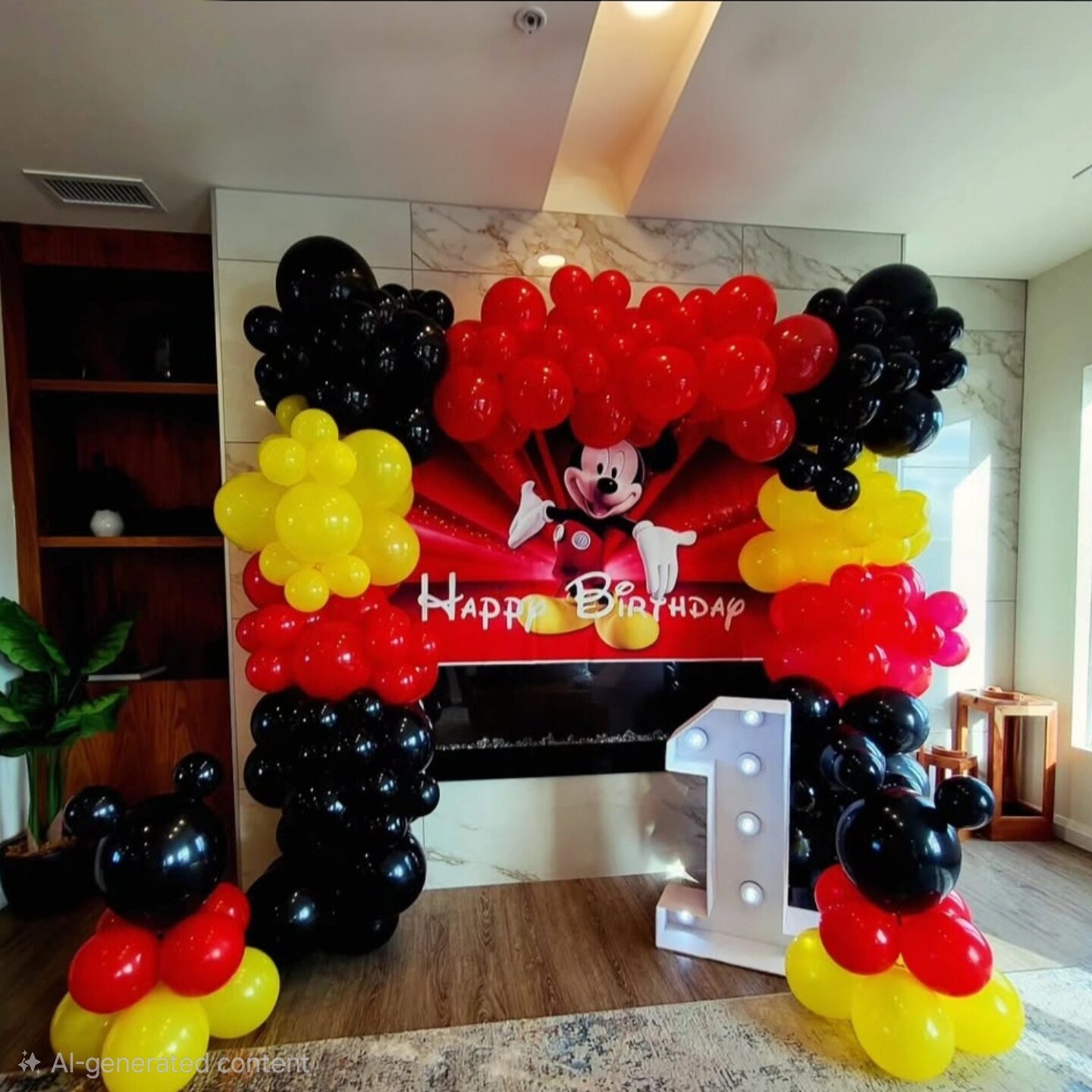 Red, black and yellow Mickey Mouse first birthday balloon arch
