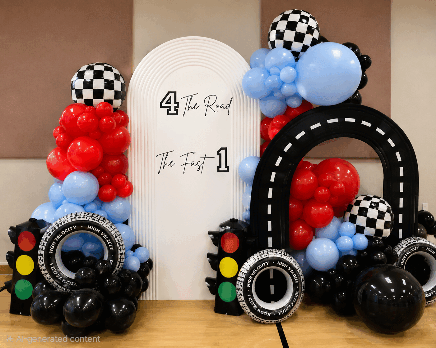 Race car themed birthday balloon setup with checkered balloons and tires